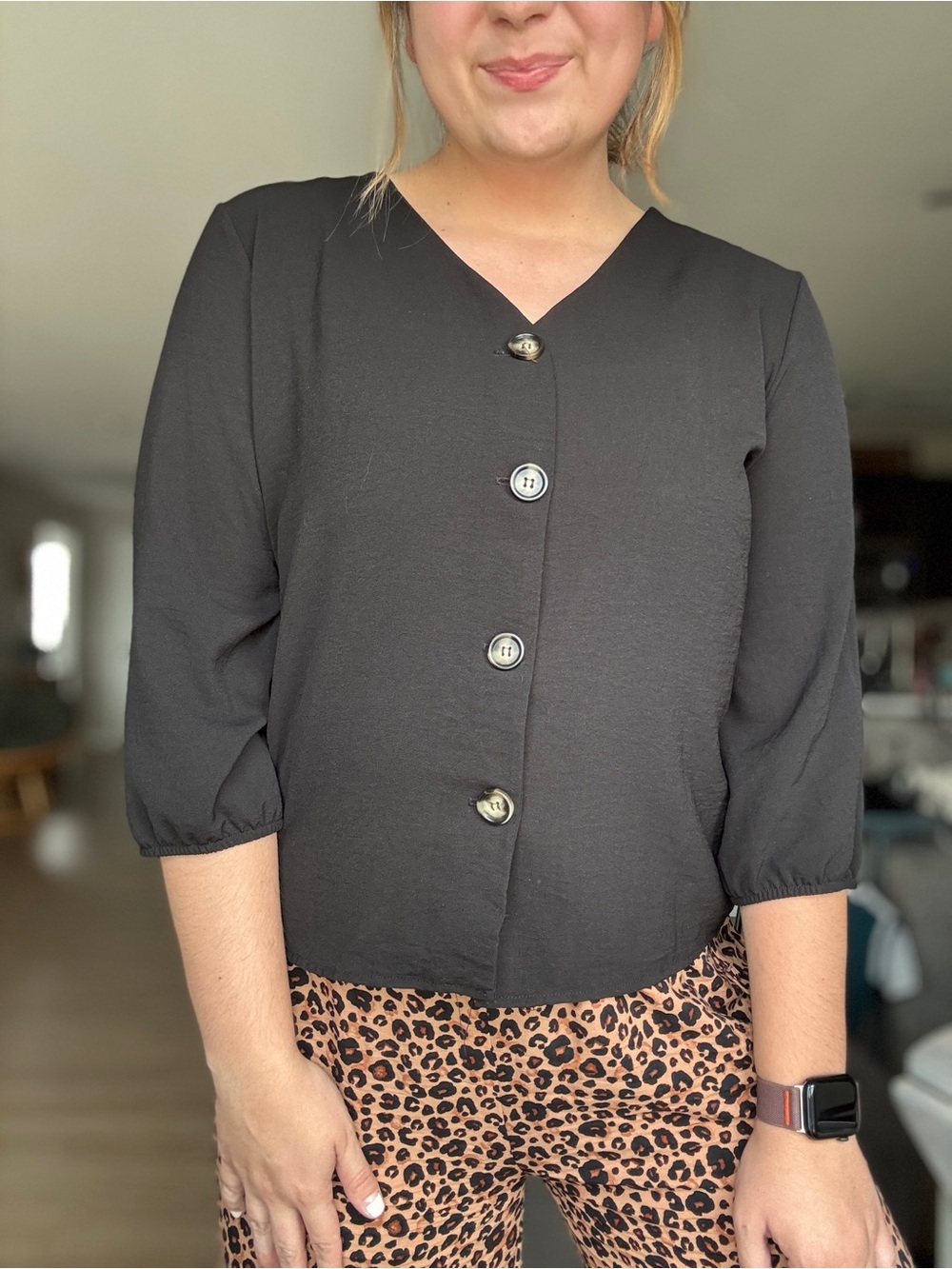 Elite Collection Classic Black V-Neck Button-Front Blouse